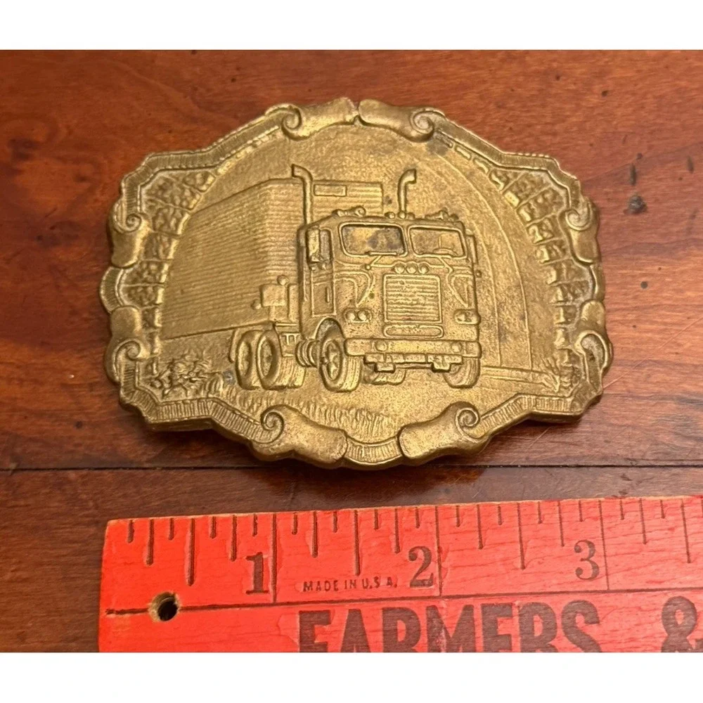 Vintage 1978 Solid Brass Semi-Truck Belt Buckle - 18 Wheeler Trucker Big Rig